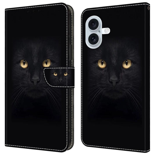 For iPhone 16 Plus Wallet Case Magnetic Clasp 3D Pattern Leather Phone Cover - Black Cat