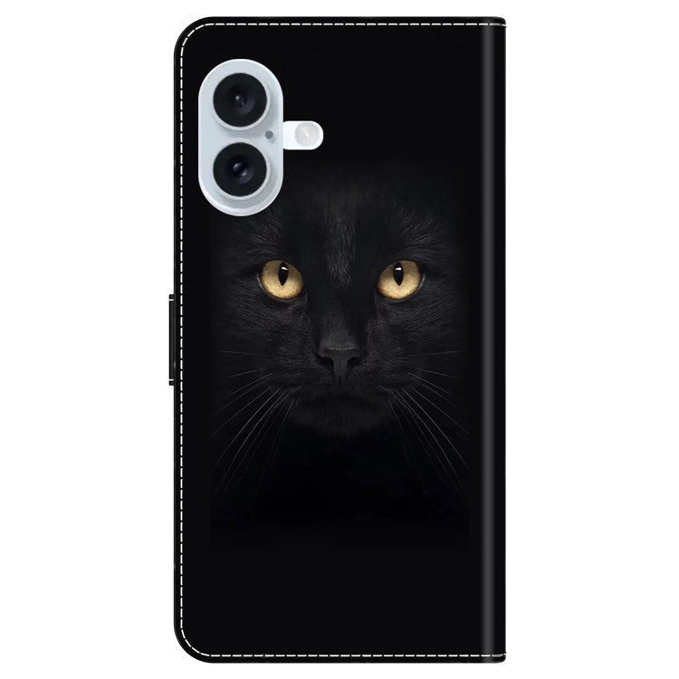 For iPhone 16 Plus Wallet Case Magnetic Clasp 3D Pattern Leather Phone Cover - Black Cat