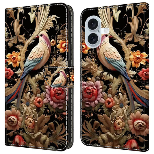 For iPhone 16 Plus Case PU Leather Wallet Flip Cover with Standing Function - Vintage Flower and Bird