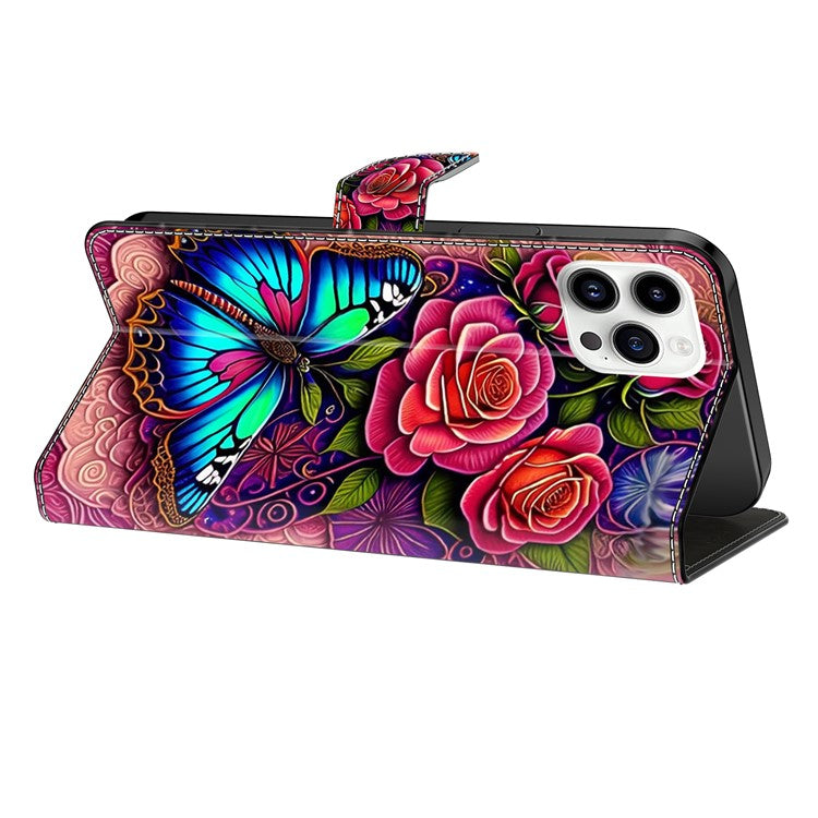 For iPhone 16 Pro Case PU Leather Wallet Flip Cover with Standing Function - Colorful Butterfly