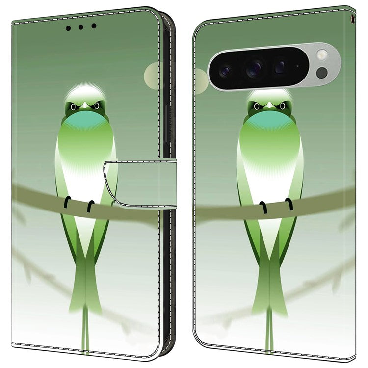 For Google Pixel 9 / 9 Pro Case PU Leather Wallet Phone Cover with Stand - Green Bird