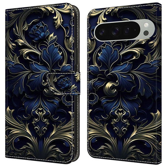 For Google Pixel 9 / 9 Pro Case PU Leather Wallet Phone Cover with Stand - Blue Flower