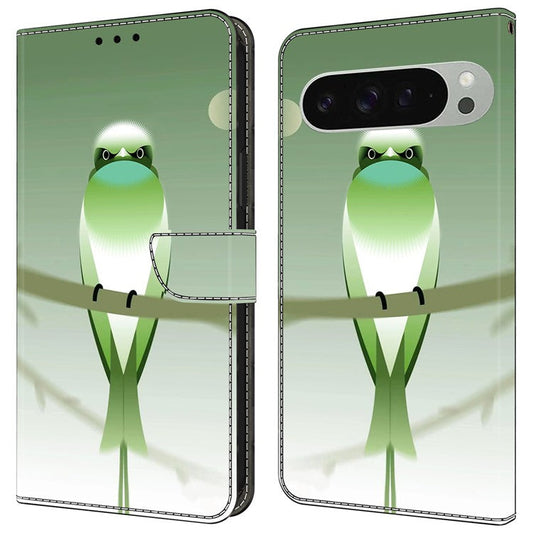 For Google Pixel 9 Pro XL Case PU Leather Wallet Phone Cover with Stand - Green Bird