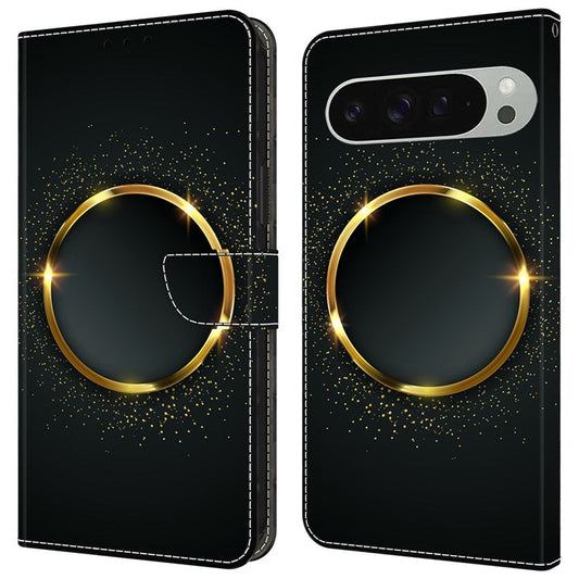For Google Pixel 9 Pro XL Case PU Leather Wallet Phone Cover with Stand - Gold Ring