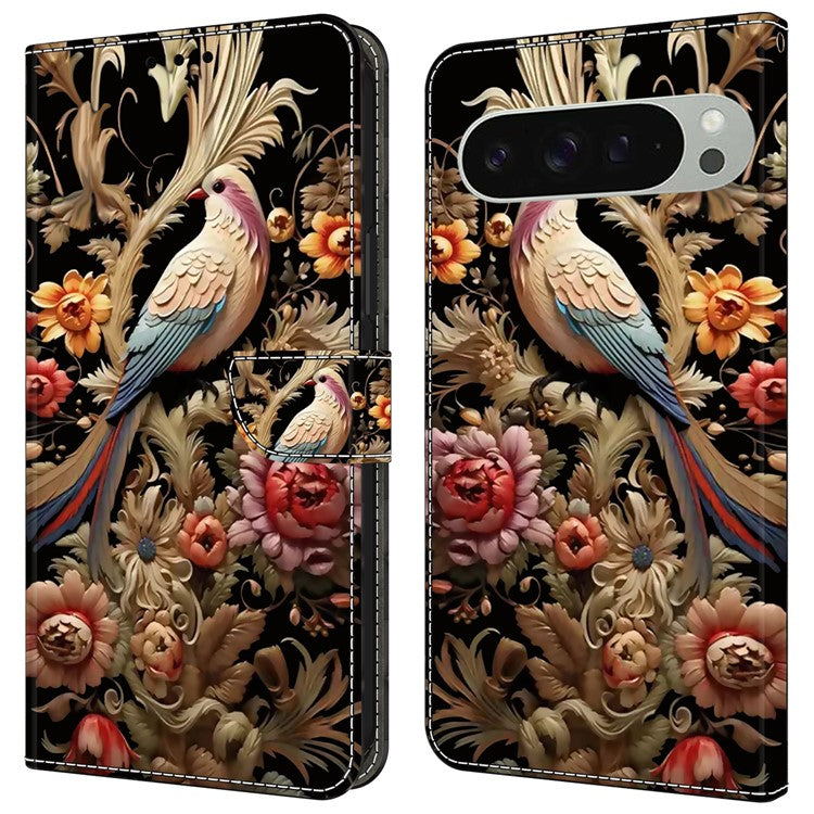 For Google Pixel 9 Pro XL Case PU Leather Wallet Phone Cover with Stand - Vintage Flower and Bird