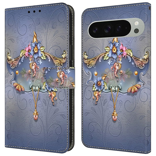 For Google Pixel 9 Pro XL Case PU Leather Wallet Phone Cover with Stand - Carving Flower