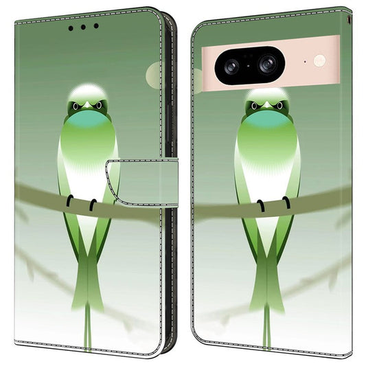 For Google Pixel 8a Case PU Leather Wallet Phone Cover with Stand - Green Bird