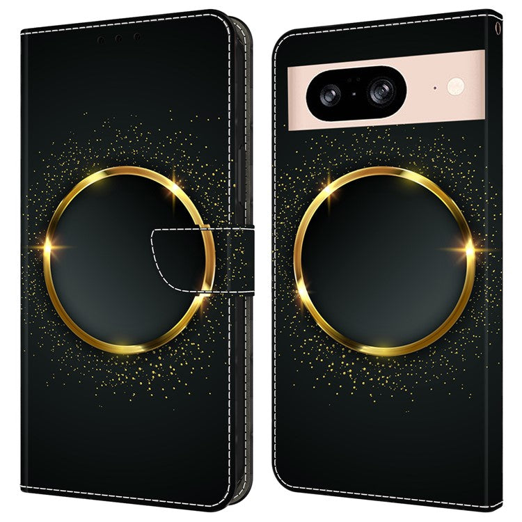 For Google Pixel 8a Case PU Leather Wallet Phone Cover with Stand - Gold Ring