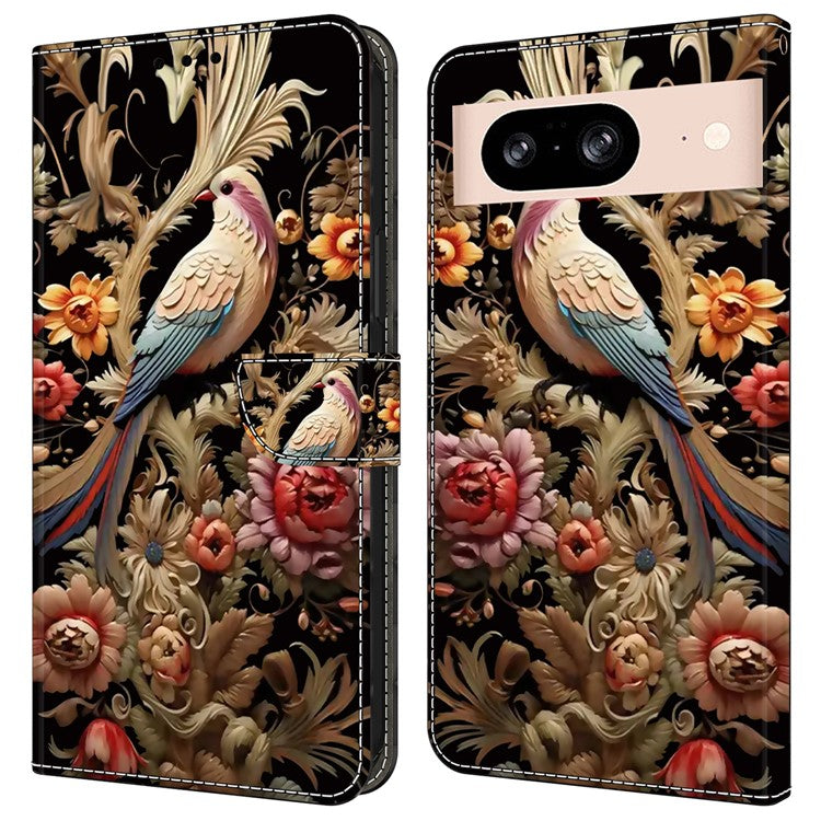 For Google Pixel 8a Case PU Leather Wallet Phone Cover with Stand - Vintage Flower and Bird