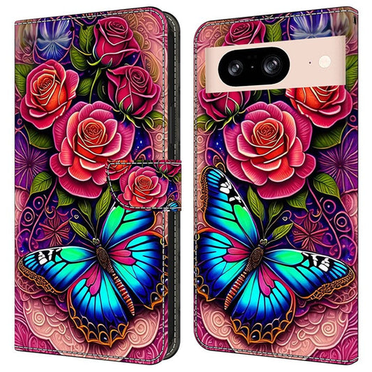 For Google Pixel 8a Case PU Leather Wallet Phone Cover with Stand - Colorful Butterfly