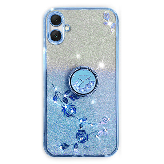 KADEM For Samsung Galaxy A06 Case Ring Kickstand TPU Flowers Phone Cover Gradient Glitter - Blue