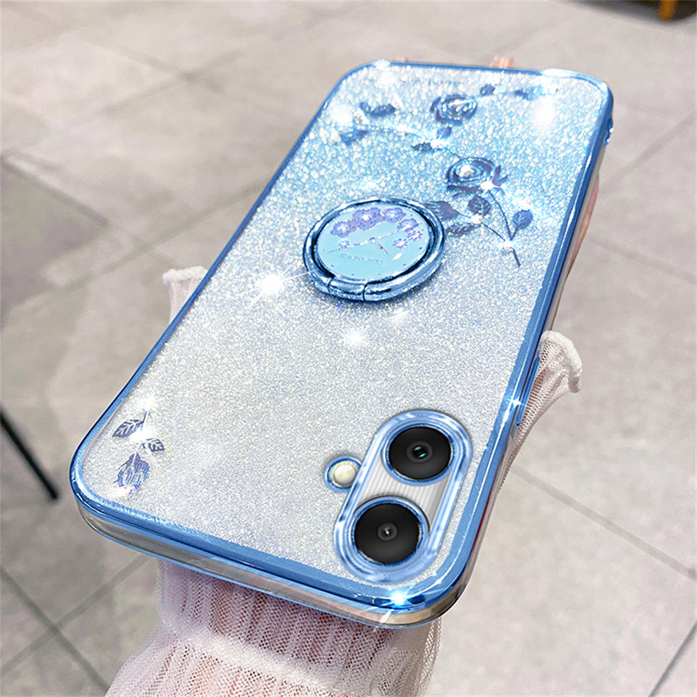 KADEM For Samsung Galaxy A06 Case Ring Kickstand TPU Flowers Phone Cover Gradient Glitter - Blue