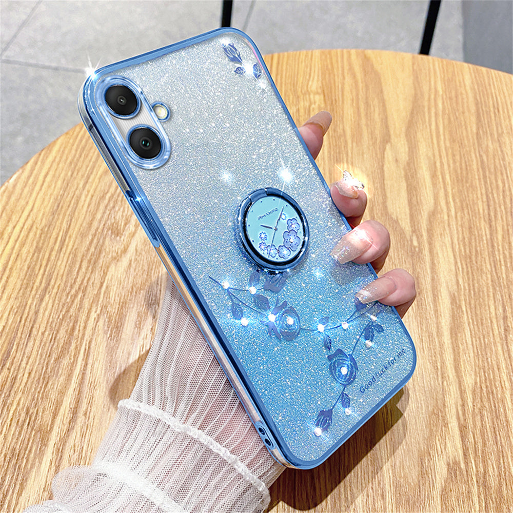 KADEM For Samsung Galaxy A06 Case Ring Kickstand TPU Flowers Phone Cover Gradient Glitter - Blue