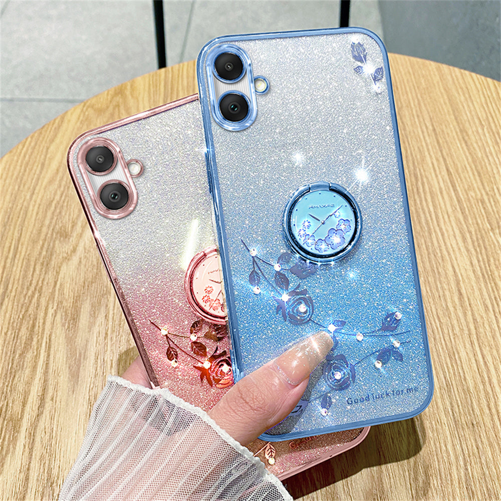 KADEM For Samsung Galaxy A06 Case Ring Kickstand TPU Flowers Phone Cover Gradient Glitter - Blue