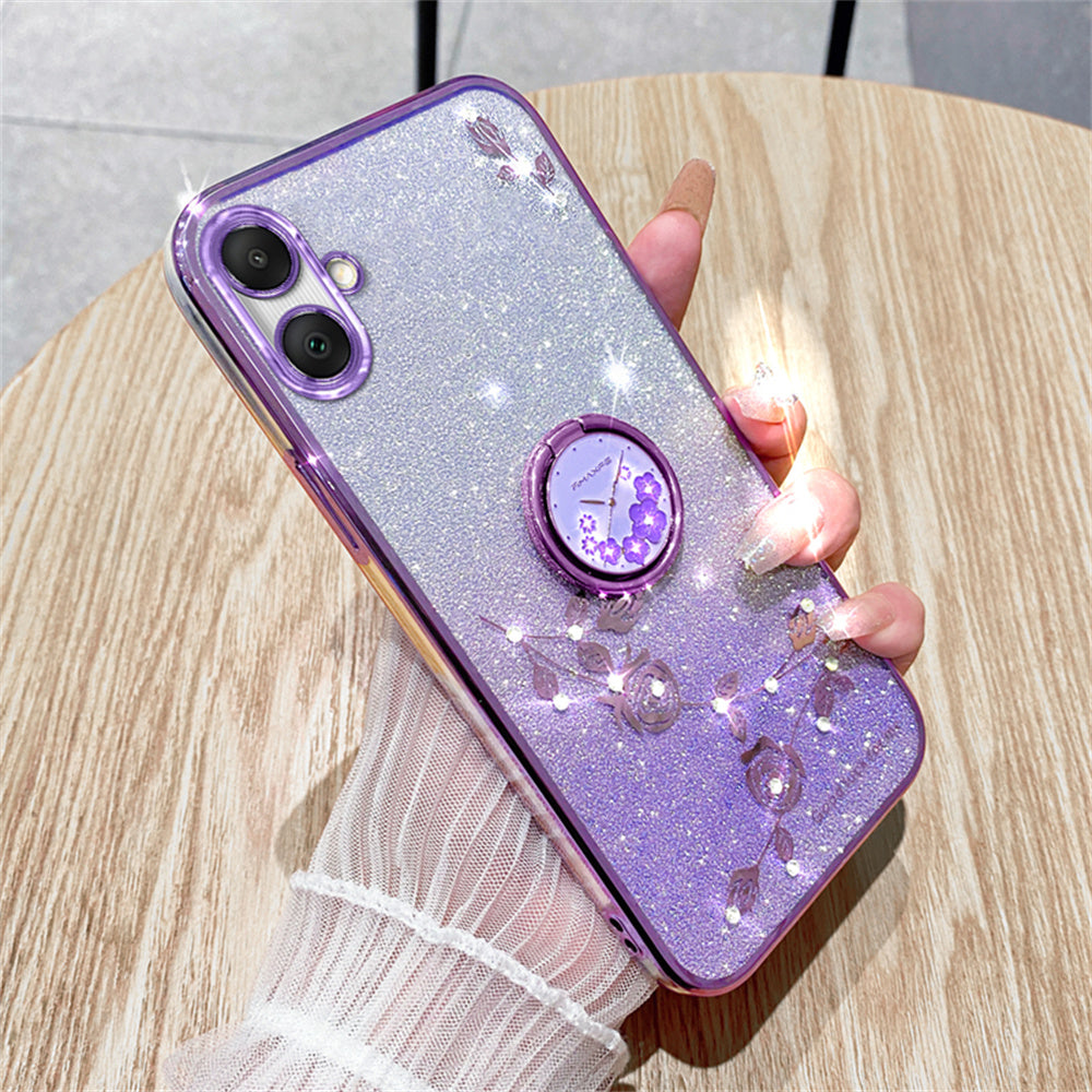KADEM For Samsung Galaxy A06 Case Ring Kickstand TPU Flowers Phone Cover Gradient Glitter - Purple
