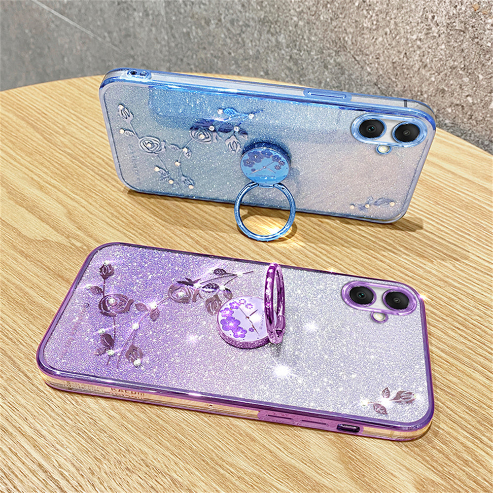 KADEM For Samsung Galaxy A06 Case Ring Kickstand TPU Flowers Phone Cover Gradient Glitter - Purple