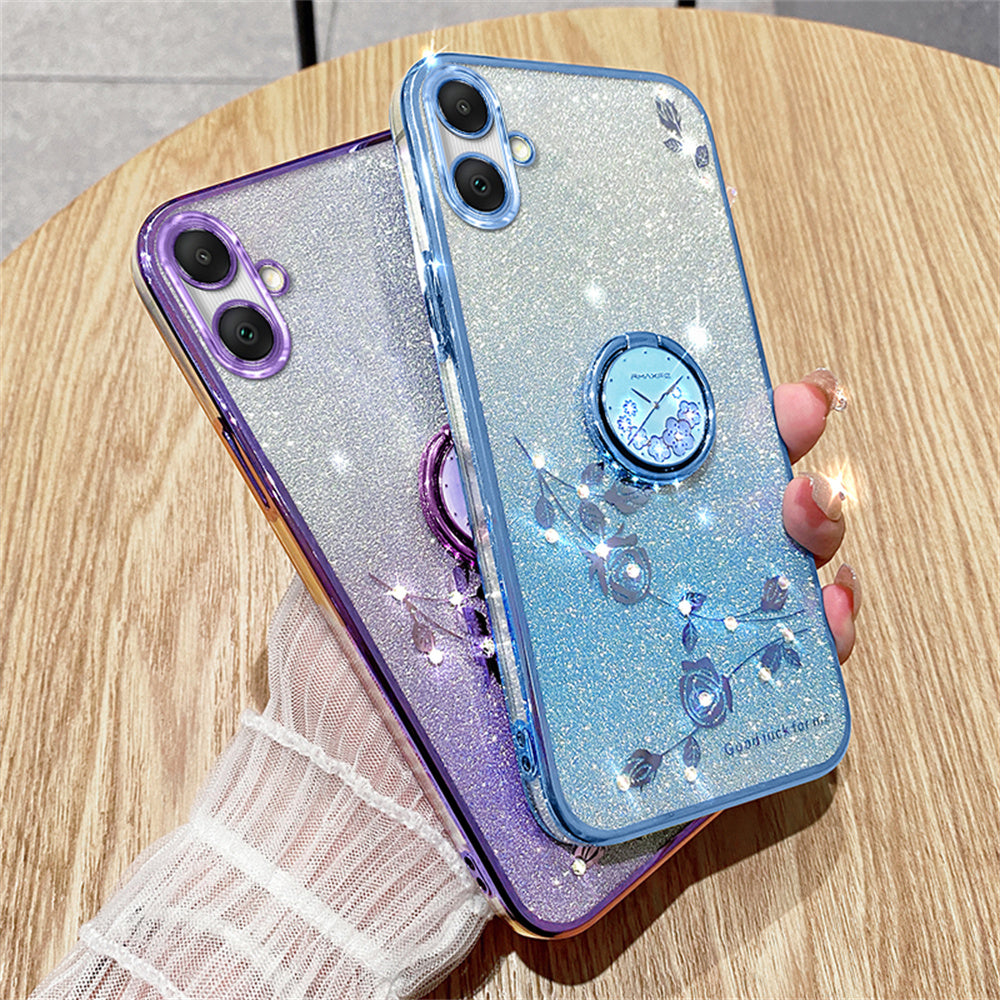 KADEM For Samsung Galaxy A06 Case Ring Kickstand TPU Flowers Phone Cover Gradient Glitter - Purple
