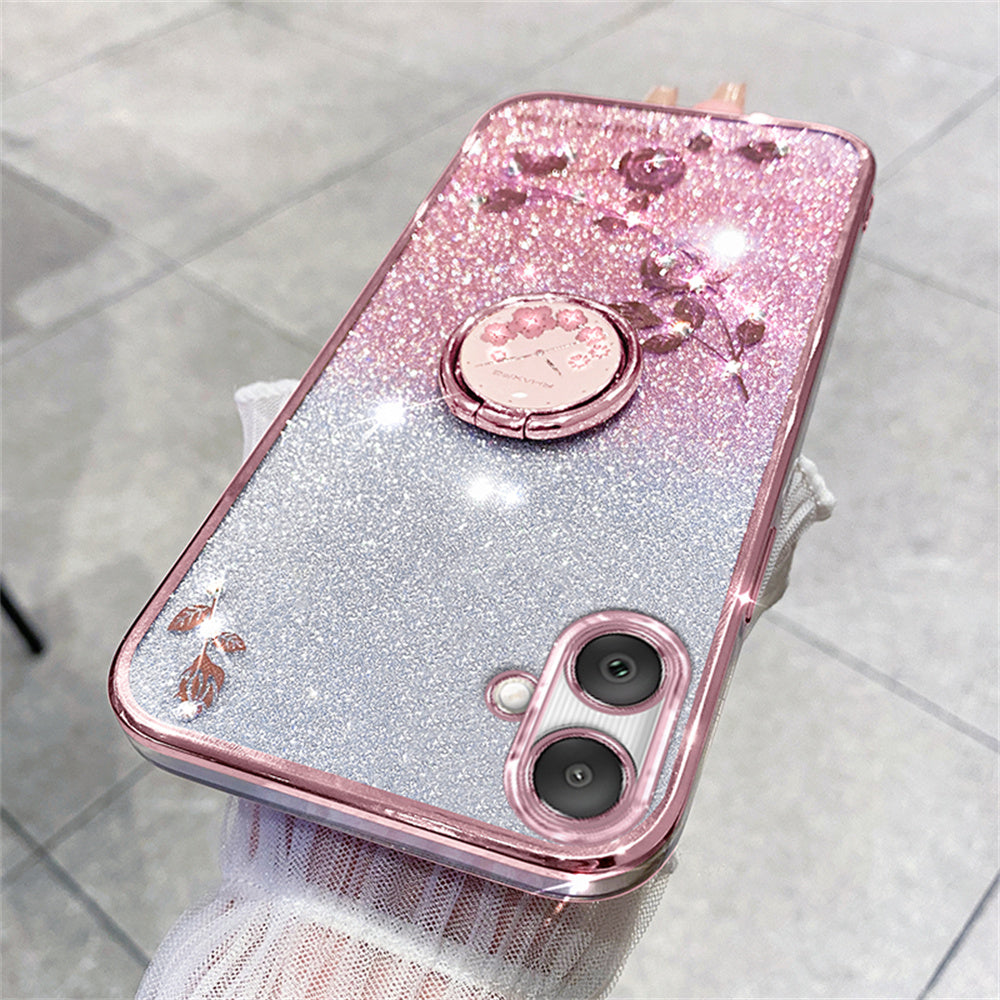 KADEM For Samsung Galaxy A06 Case Ring Kickstand TPU Flowers Phone Cover Gradient Glitter - Rose Gold