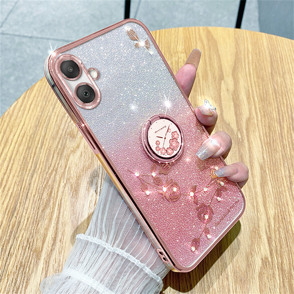 KADEM For Samsung Galaxy A06 Case Ring Kickstand TPU Flowers Phone Cover Gradient Glitter - Rose Gold