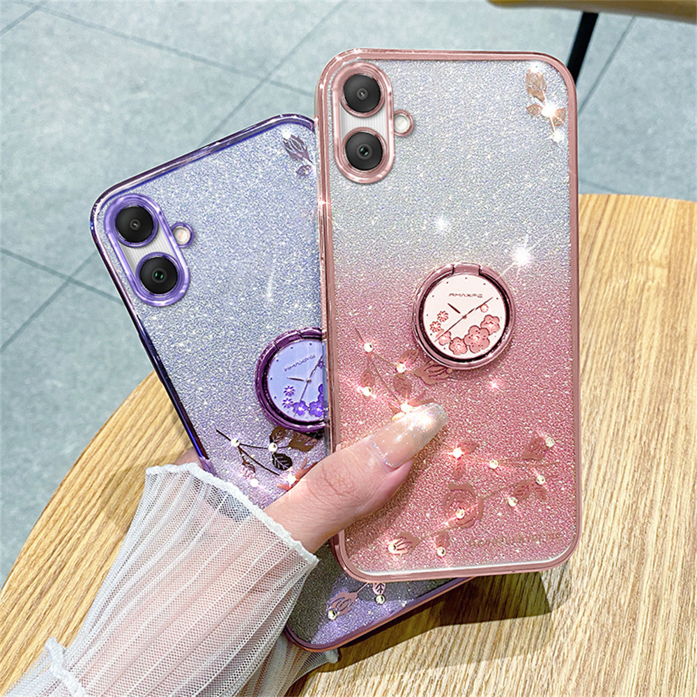 KADEM For Samsung Galaxy A06 Case Ring Kickstand TPU Flowers Phone Cover Gradient Glitter - Rose Gold