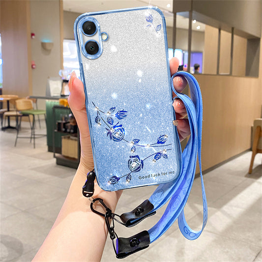 KADEM For Samsung Galaxy A06 Case Flower Pattern TPU Gradient Phone Cover with Lanyards - Blue