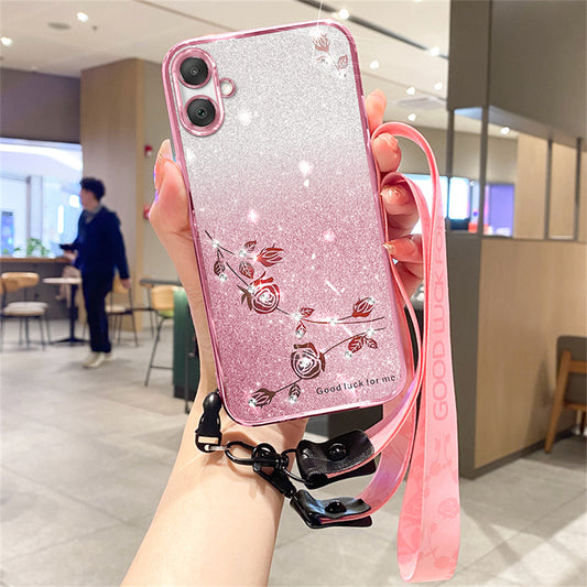 KADEM For Samsung Galaxy A06 Case Flower Pattern TPU Gradient Phone Cover with Lanyards - Rose Gold