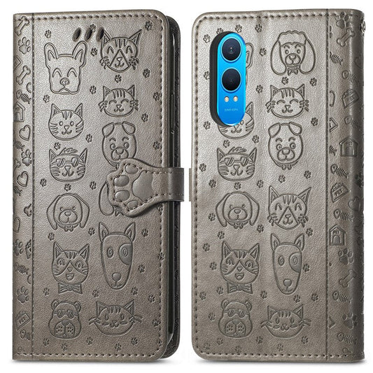 For OnePlus Nord CE4 Lite 5G  /  Oppo K12x 5G (China) Case Leather Wallet Flip Phone Cover Cute Cat Dog Pattern - Grey