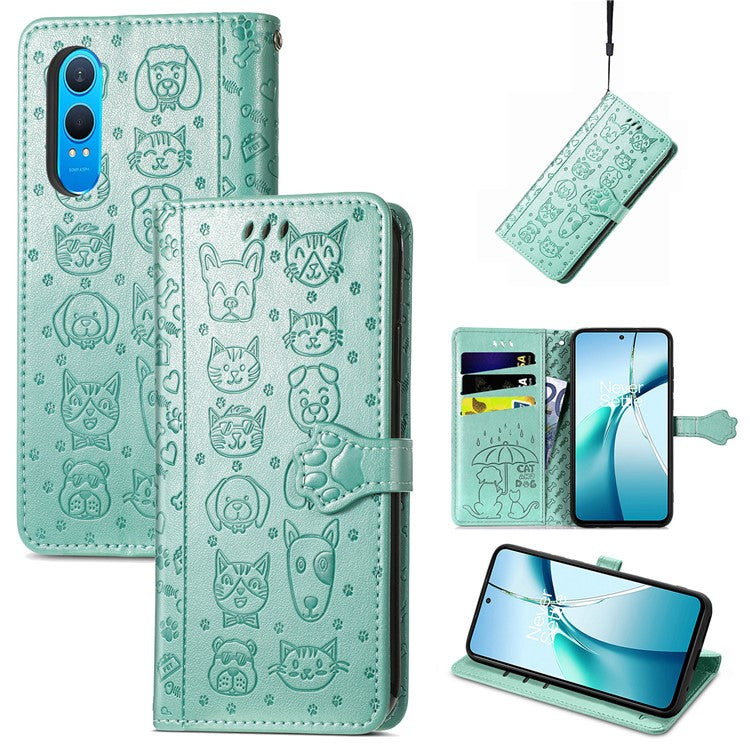 For OnePlus Nord CE4 Lite 5G  /  Oppo K12x 5G (China) Case Leather Wallet Flip Phone Cover Cute Cat Dog Pattern - Green