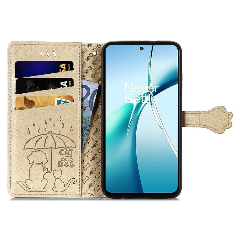 For OnePlus Nord CE4 Lite 5G  /  Oppo K12x 5G (China) Case Leather Wallet Flip Phone Cover Cute Cat Dog Pattern - Gold
