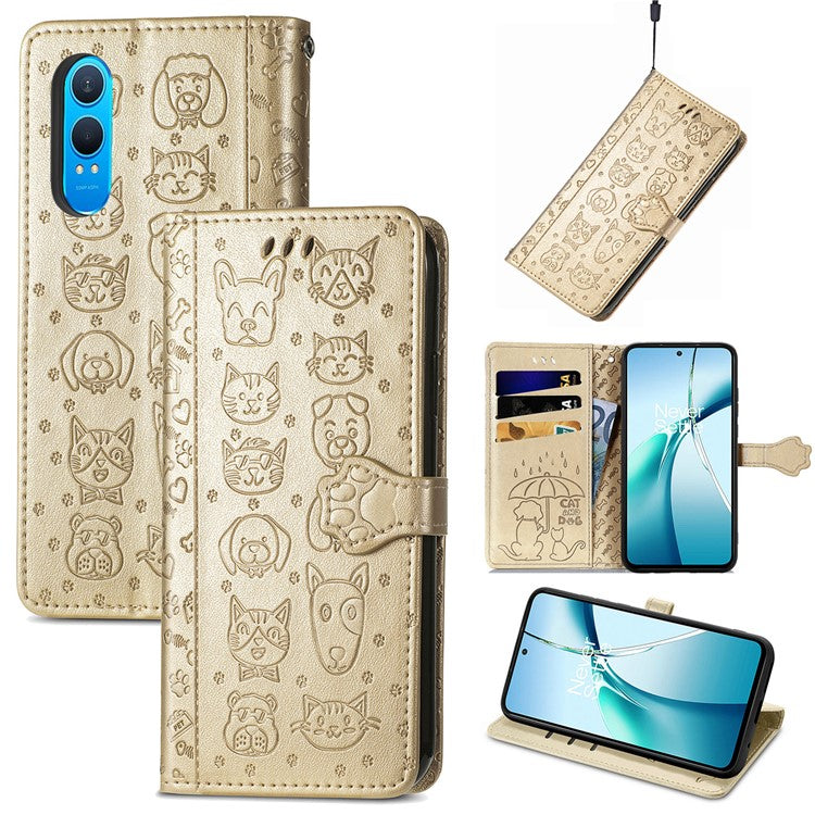For OnePlus Nord CE4 Lite 5G  /  Oppo K12x 5G (China) Case Leather Wallet Flip Phone Cover Cute Cat Dog Pattern - Gold