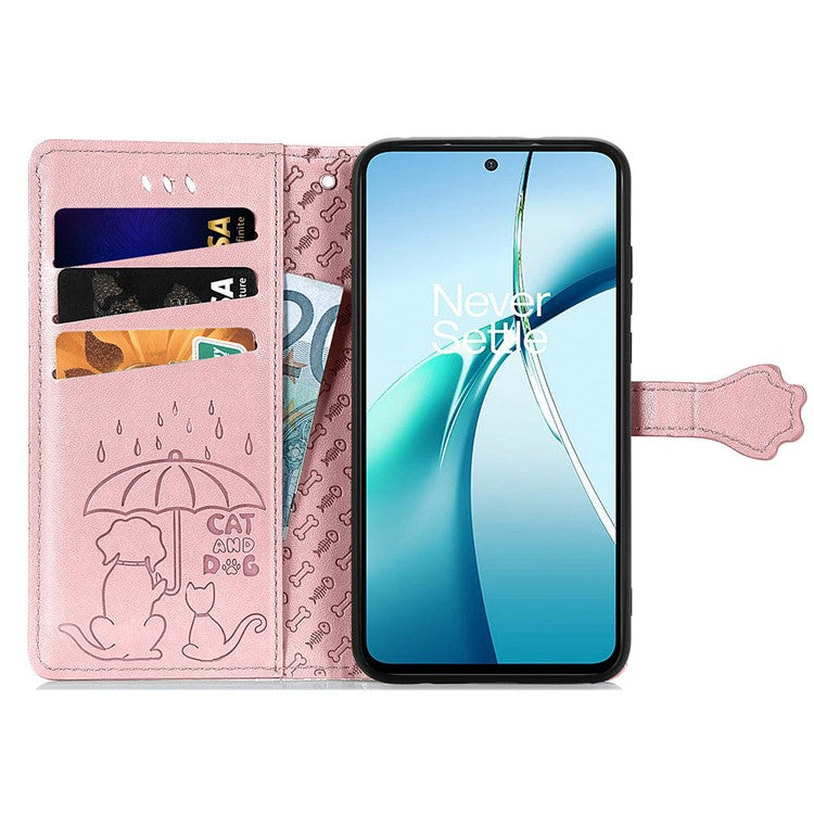 For OnePlus Nord CE4 Lite 5G  /  Oppo K12x 5G (China) Case Leather Wallet Flip Phone Cover Cute Cat Dog Pattern - Rose Gold