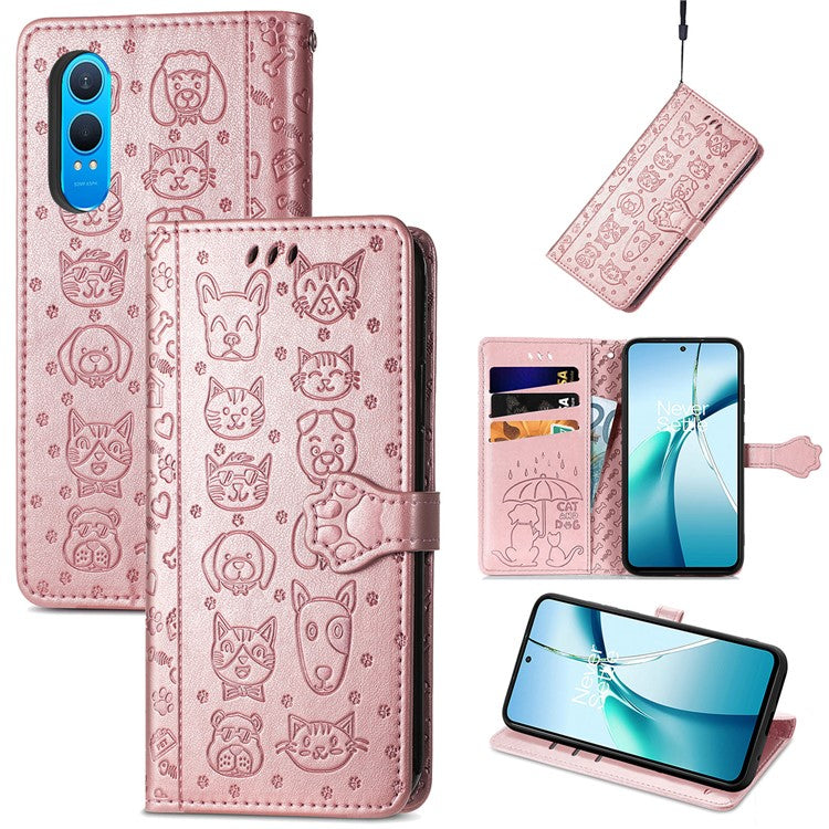 For OnePlus Nord CE4 Lite 5G  /  Oppo K12x 5G (China) Case Leather Wallet Flip Phone Cover Cute Cat Dog Pattern - Rose Gold