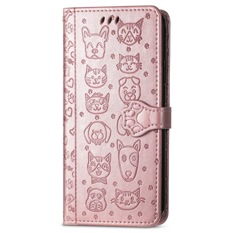 For OnePlus Nord CE4 Lite 5G  /  Oppo K12x 5G (China) Case Leather Wallet Flip Phone Cover Cute Cat Dog Pattern - Rose Gold