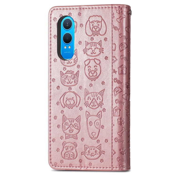 For OnePlus Nord CE4 Lite 5G  /  Oppo K12x 5G (China) Case Leather Wallet Flip Phone Cover Cute Cat Dog Pattern - Rose Gold