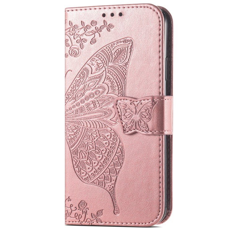 For OnePlus Nord CE4 Lite 5G / Oppo K12x 5G (China) Case PU Leather Wallet Phone Cover Butterfly Pattern - Rose Gold
