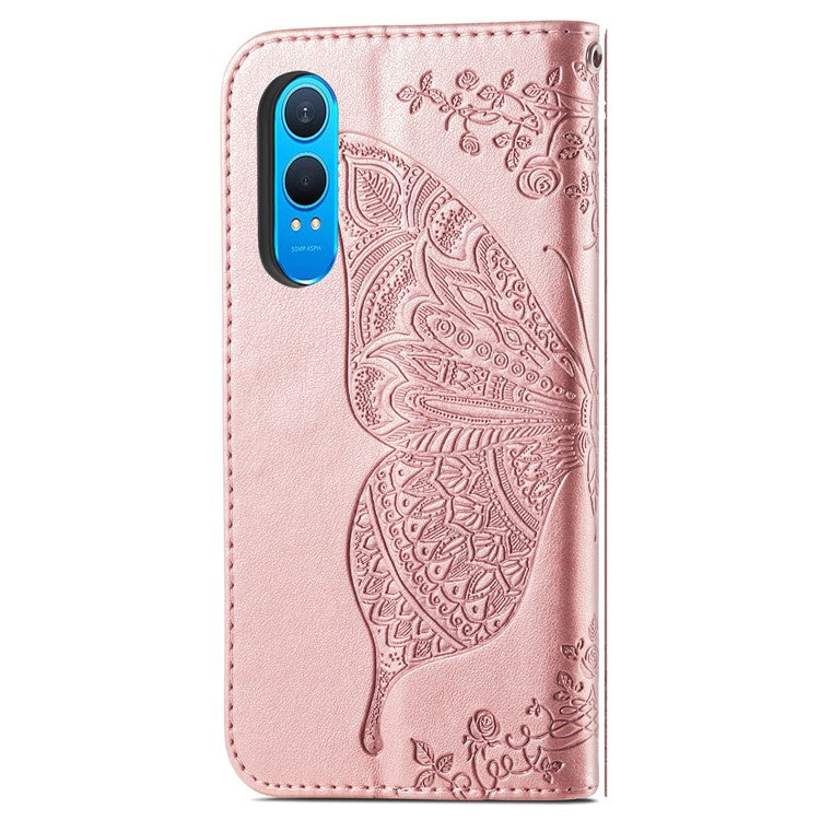 For OnePlus Nord CE4 Lite 5G / Oppo K12x 5G (China) Case PU Leather Wallet Phone Cover Butterfly Pattern - Rose Gold