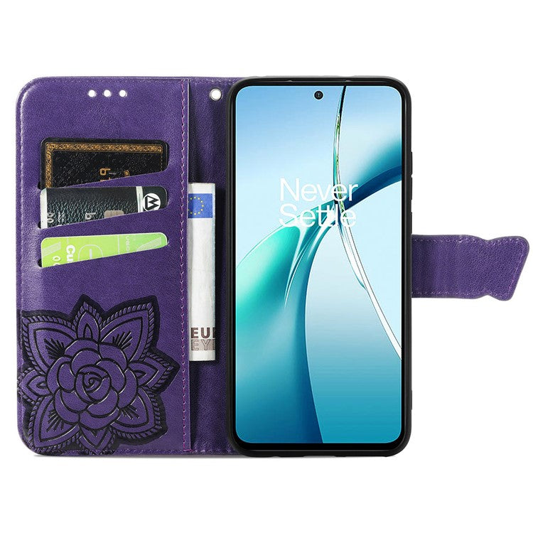For OnePlus Nord CE4 Lite 5G / Oppo K12x 5G (China) Case PU Leather Wallet Phone Cover Butterfly Pattern - Dark Purple