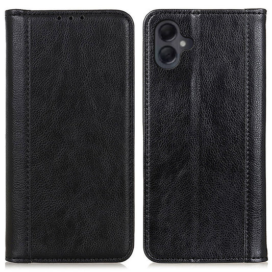 For Samsung Galaxy A06 Stand Case Split Leather Litchi Texture Wallet Phone Cover - Black