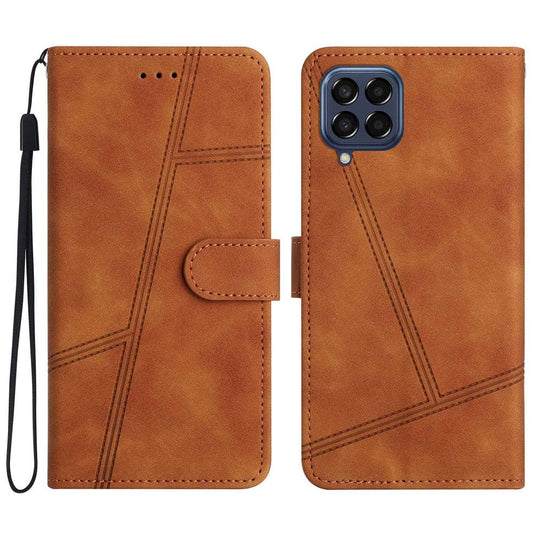 For Samsung Galaxy M33 5G (Global Version) Fully Wrapped Phone Case, Skin-touch Feeling Lines Imprinted Vintage PU Leather Magnetic Flip Cover with Wallet Stand - Brown