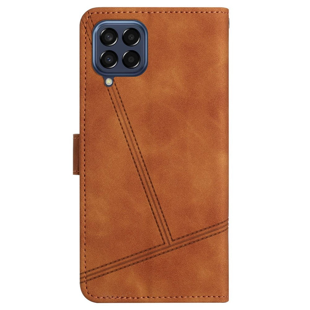 For Samsung Galaxy M33 5G (Global Version) Fully Wrapped Phone Case, Skin-touch Feeling Lines Imprinted Vintage PU Leather Magnetic Flip Cover with Wallet Stand - Brown
