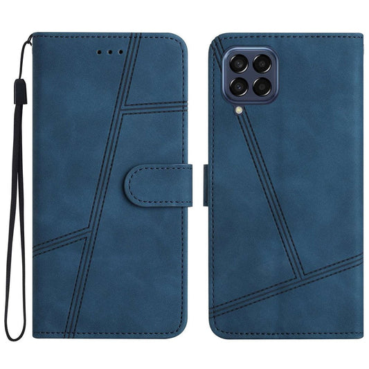 For Samsung Galaxy M33 5G (Global Version) Fully Wrapped Phone Case, Skin-touch Feeling Lines Imprinted Vintage PU Leather Magnetic Flip Cover with Wallet Stand - Blue