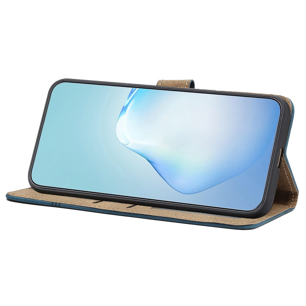For Samsung Galaxy M33 5G (Global Version) Fully Wrapped Phone Case, Skin-touch Feeling Lines Imprinted Vintage PU Leather Magnetic Flip Cover with Wallet Stand - Blue