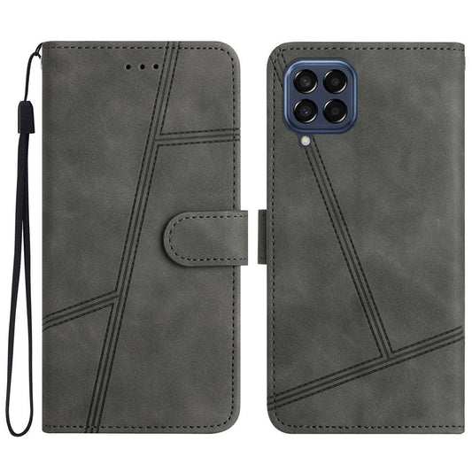 For Samsung Galaxy M33 5G (Global Version) Fully Wrapped Phone Case, Skin-touch Feeling Lines Imprinted Vintage PU Leather Magnetic Flip Cover with Wallet Stand - Grey