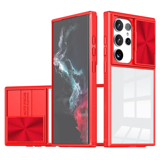 For Samsung Galaxy S24 Ultra Case TPU+PC Clear Phone Cover with CD-Veins Camera Lens Sliding Lid - Red