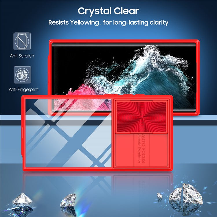 For Samsung Galaxy S24 Ultra Case TPU+PC Clear Phone Cover with CD-Veins Camera Lens Sliding Lid - Red