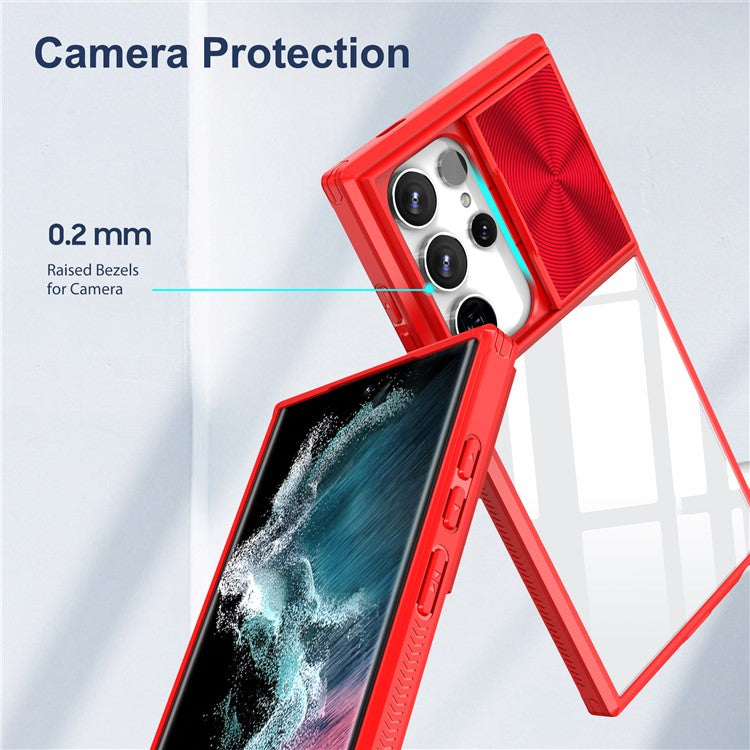 For Samsung Galaxy S24 Ultra Case TPU+PC Clear Phone Cover with CD-Veins Camera Lens Sliding Lid - Red