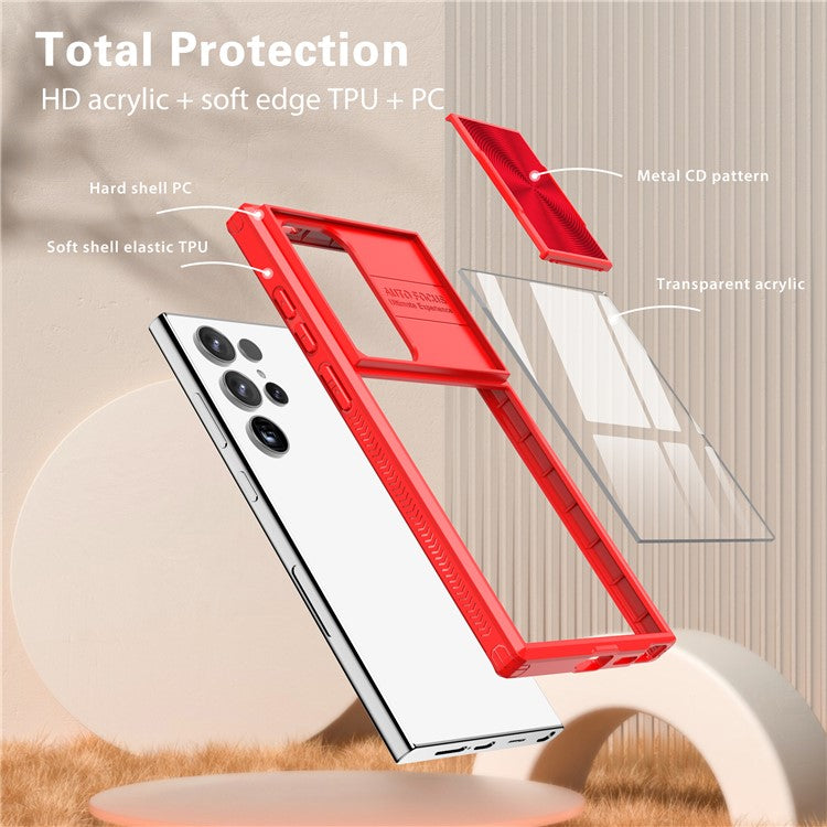 For Samsung Galaxy S24 Ultra Case TPU+PC Clear Phone Cover with CD-Veins Camera Lens Sliding Lid - Red