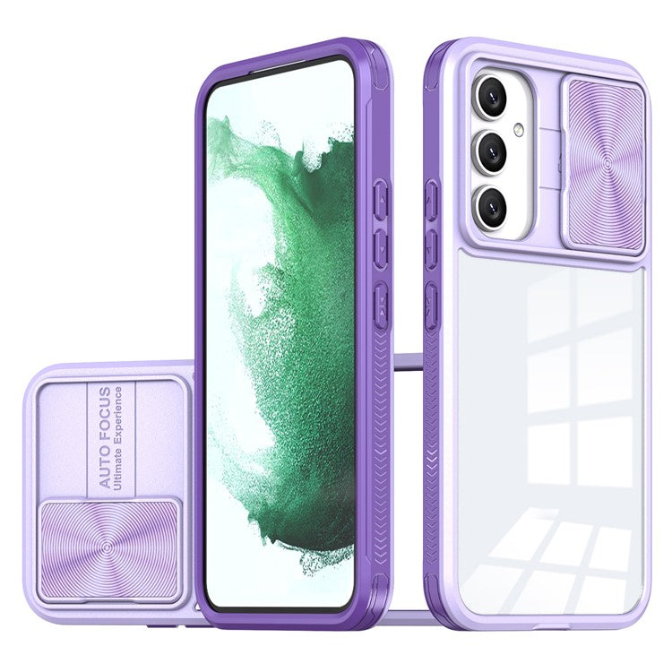 For Samsung Galaxy A15 4G / 5G Case TPU+PC Clear Phone Cover with CD-Veins Camera Lens Sliding Lid - Purple
