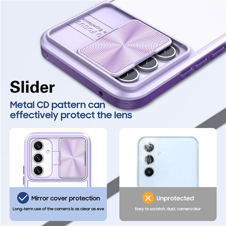 For Samsung Galaxy A15 4G / 5G Case TPU+PC Clear Phone Cover with CD-Veins Camera Lens Sliding Lid - Purple