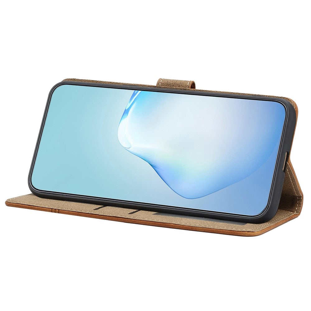 For Samsung Galaxy M53 5G Phone Case, Skin-touch Feeling Lines Imprinted Vintage PU Leather Magnetic Flip Cover with Wallet Stand - Brown